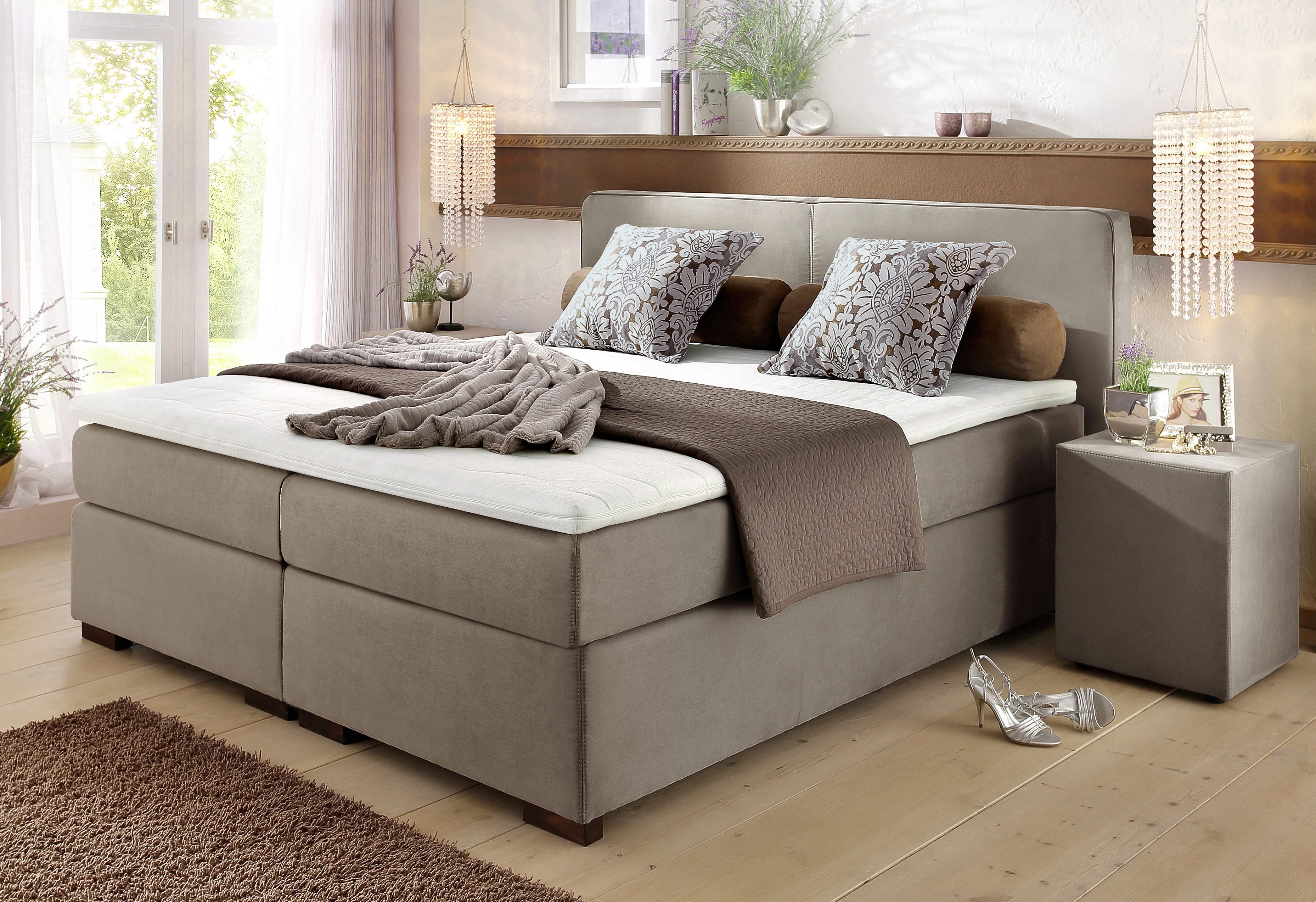 boxspringbett romantica von home affaire in taupe-braun zum schnäppchenpreis inkl. topper und kissen