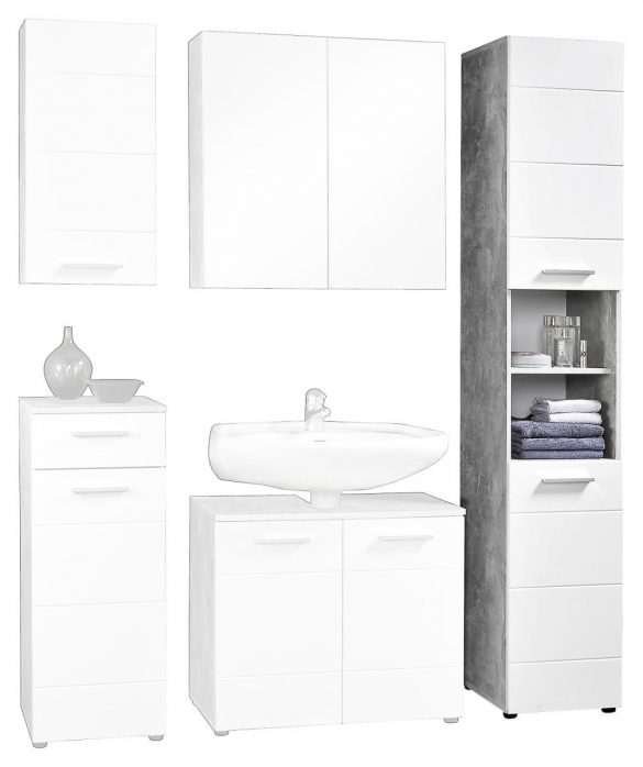 Hochschrank STOCKHOLM Beton-Optik/weiß Hochglanz