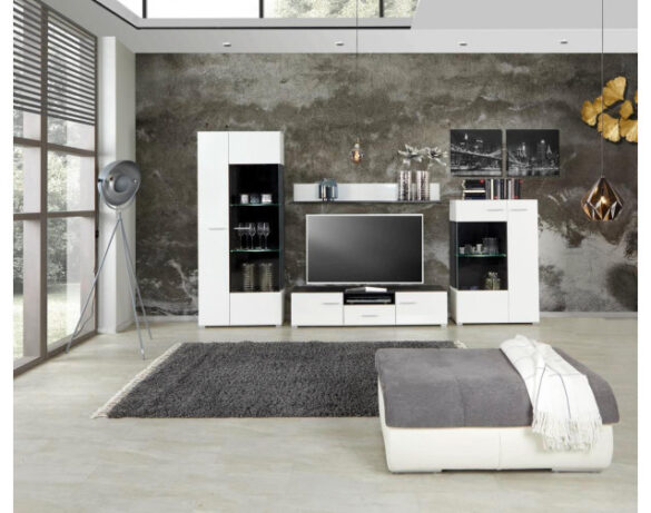 Wohnwand CONCERTO weiß-weiß Hochglanz-Absetzung schwarz