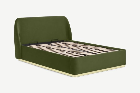 King-Size-Ottoman Bett TRUDI mit Stauraum, Efeugrüner Samt & Messing