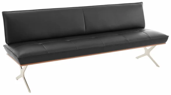 SITZBANK 214/88/66 cm Echtleder Schwarz, Edelstahlfarben Nussbaum furniert Metall von KOINOR