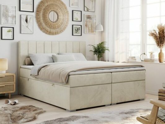 MKS MÖBEL Boxspringbett ALLY, Doppelbett mit Multipocket-Matratze, Praktisch Polsterbett Velvet Beige Monolith 200x200 cm