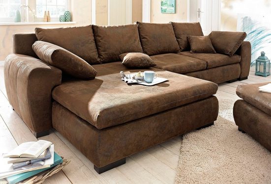 HOME AFFAIRE Ecksofa CARA MIA, wahlweise mit Bettfunktion und Bettkasten, Massivholzfüße Micorfaser Antiklederoptik Braun