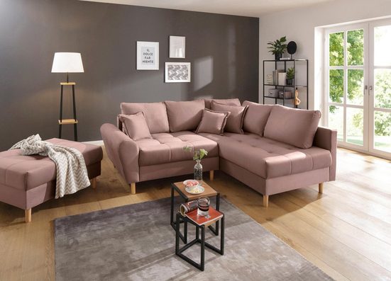 HOME AFFAIRE Ecksofa RICE, Set, mit Hocker, Massivholzfüße und Federkernpolsterung Samtoptik Rose