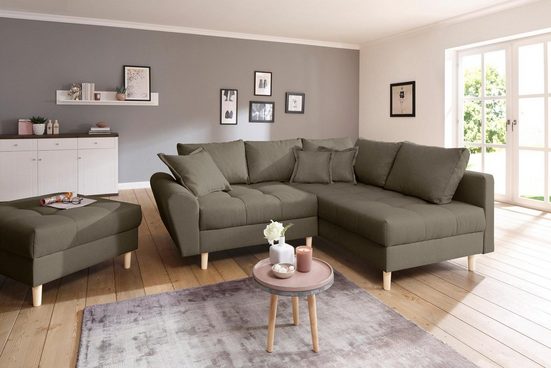HOME AFFAIRE Ecksofa RICE, Set, mit Hocker, Massivholzfüße und Federkernpolsterung Struktur fein Macchiato