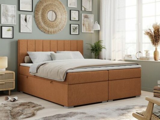 MKS MÖBEL Boxspringbett ALLY, Doppelbett mit Multipocket-Matratze, Praktisch Polsterbett 180x200 cm Struktur Orange Matana