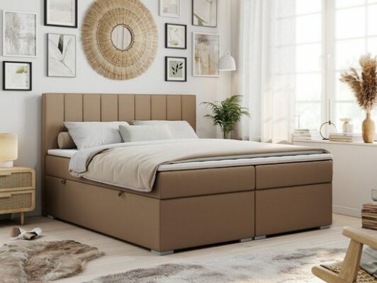 MKS MÖBEL Boxspringbett ALLY, Doppelbett mit Multipocket-Matratze, Praktisch Polsterbett 200x200 cm Kunstleder Braun