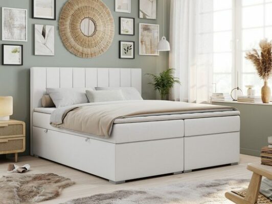 MKS MÖBEL Boxspringbett ALLY, Doppelbett mit Multipocket-Matratze, Praktisch Polsterbett Kunstleder Weiss 120x200 cm