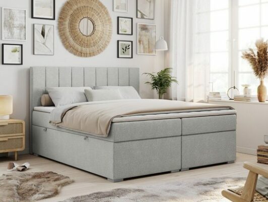 MKS MÖBEL Boxspringbett ALLY, Doppelbett mit Multipocket-Matratze, Praktisch Polsterbett Struktur Hellgrau Matana 120x200 cm