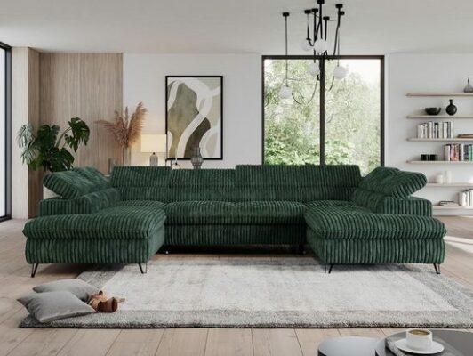 MKS MÖBEL Ecksofa PEDRO U, große U-förmige Ecke, Schlaffunktion, mit verstellbaren Kopfstützen Cord Grün Tilia