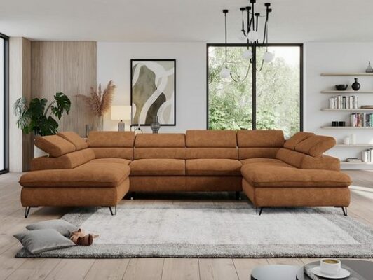 MKS MÖBEL Ecksofa PEDRO U, große U-förmige Ecke, Schlaffunktion, mit verstellbaren Kopfstützen Struktur Oranga Matana