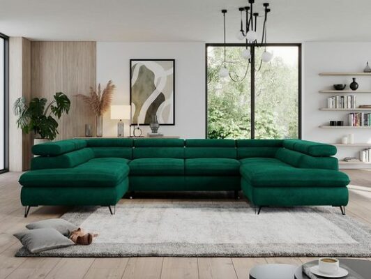 MKS MÖBEL Ecksofa PEDRO U, große U-förmige Ecke, Schlaffunktion, mit verstellbaren Kopfstützen Velvet Hydrophob Grün Monolith