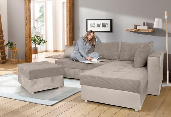 COLLECTION AB Ecksofa 30 Jahre Jubiläums-Modell ITALIA L-Form, mit Bettfunktion und Bettkasten, in Cord-Samt Mix Beige