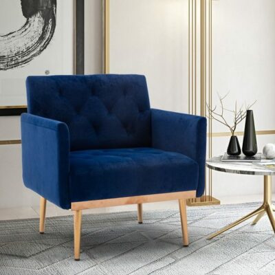 MERAX Sessel mit Samt und goldenen Metallbeine, Relxsessel, Ohrensessel, Einzelsofa Navy