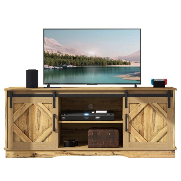MERAX Lowboard TV-Schrank, Fernsehtisch mit Schiebtüren Eiche