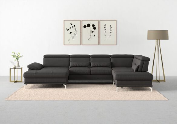 Wohnlandschaft CABRIO U-Form, mit Sitztiefenverstellung, Arm- und Kopfteilverstellung Naturleder Graublau von SIT&MORE