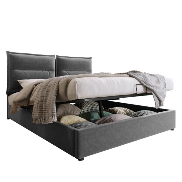 FLIEKS Polsterbett Hydraulisches Doppelbett mit Stauraum Samt 140x200cm Grau