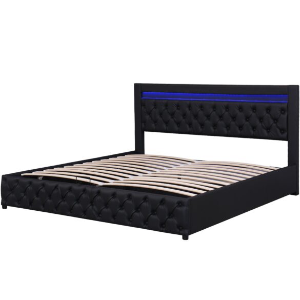 FLIEKS Polsterbett LED-Beleuchtung Kunstleder Doppelbett Stauraum 180x200cm Schwarz