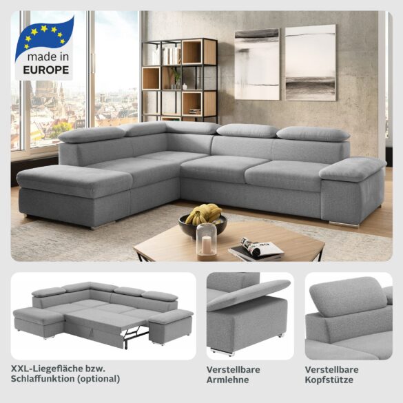 SIT&MORE Ecksofa VALENTINE, L-Form, Armteil- & Kopfteilverstellung Luxus-Microfaser Dunkelgrau