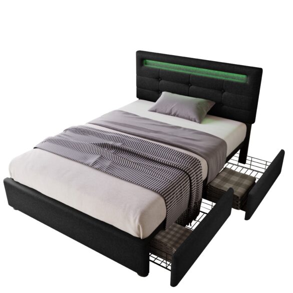 FLIEKS Polsterbett LED-Beleuchtung Einzelbett 2 Schubladen Leinen 90x200cm Schwarz