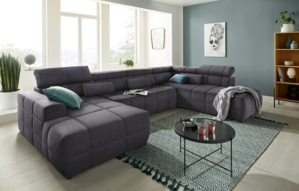 DOMO COLLECTION Wohnlandschaft BRANDON, whlw. mit Sitztiefenverstellung, inkl. Nierenkissen mit Kopfteilverstellung, wahlweise Sitztiefenverstellung, U-Form Luxus-Microfaser Dunkelgrau