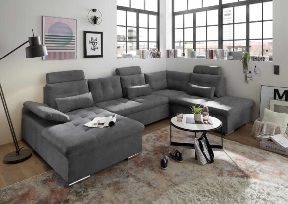 ED EXCITING DESIGN Wohnlandschaft JAKARTA mit Schlaffunktion, Bettkasten, Kopfstützen,Nierenkissen Webstoff Glow Anthrazit