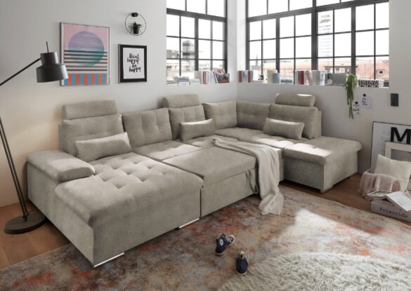 ED EXCITING DESIGN Wohnlandschaft Jakarta U-Form mit Bettfunktion, Bettkasten Webstoff Beige