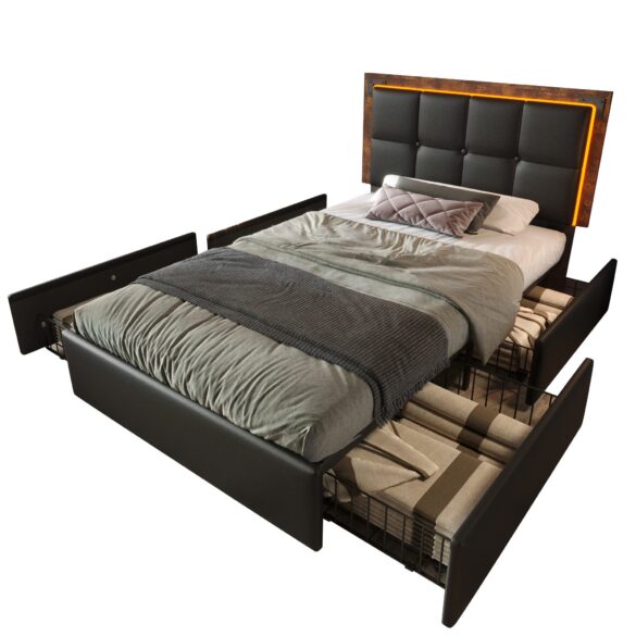 FLIEKS Polsterbett LED Einzelbett 90x200cm mit hochstellbarem Kopfteil und 4 Schubladen 3.7 (55) Schwarz Kunstleder