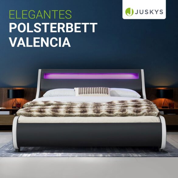 JUSKYS Polsterbett VALENCIA, 180 x 200 cm Doppelbett mit Lattenrost, LED-Beleuchtung und Fernbedienung Schwarz