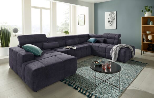 DOMO COLLECTION Wohnlandschaft BRANDON, whlw. mit Sitztiefenverstellung, inkl. Nierenkissen Dunkelblau