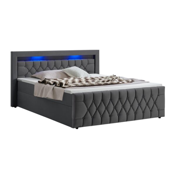 Polsterbett LEONA 180x200 cm, Boxspringbett-Optik, Samt-Bezug, LED-Licht, H4 Matratze Grau von JUSKYS