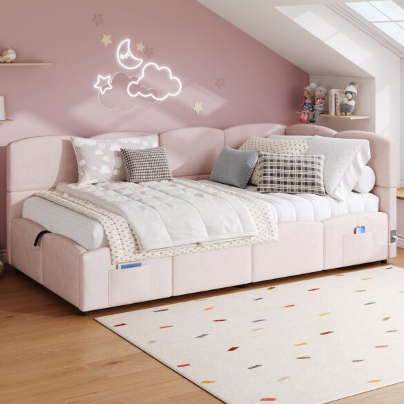 ODIKALO Kinderbett Schlafsofa Polsterbett Jugendbett mit Bettkasten Rosa